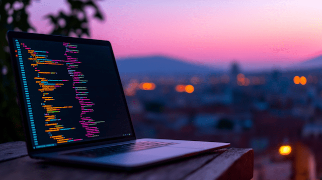 laptop on table with dusk background